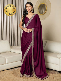 Akhilam - Womens Satin Wine Embellished Ready to Wear Saree with Unstitched Blouse