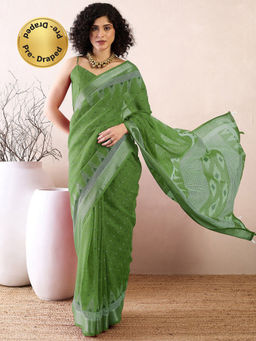Akhilam - Womens Cotton Linen Green Printed Ready To Wear Saree with Unstitched Blouse