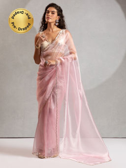 Akhilam - Women's Organza Pink Pre Drape Saree with Unstitched Blouse
