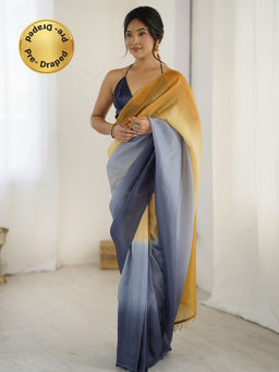 Akhilam - Women's Tissue Mustard Ombre Pre Drape Saree with Unstitched Blouse