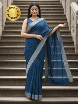 Akhilam - Women Georgette Teal blue Solid Pre Draped Saree with Unstitched Blouse