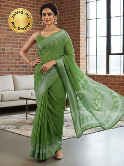 Akhilam - Women Cotton Linen Green Printed Pre Draped Saree with Unstitched Blouse