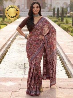 Akhilam - Women Cotton Brown Printed Pre Draped Saree with Unstitched Blouse