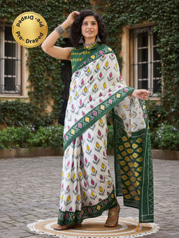 Akhilam - Women Cotton White Printed Pre Draped Saree with Unstitched Blouse