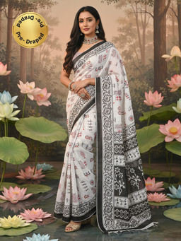 Akhilam - Women Cotton White Printed Pre Draped Saree with Unstitched Blouse