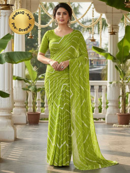 Akhilam - Georgette Printed Pre Draped Green Saree With Unstitched Blouse