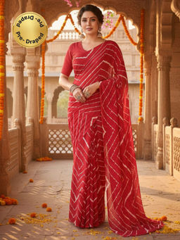 Akhilam - Georgette Printed Pre Draped Red Saree With Unstitched Blouse
