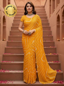 Akhilam - Georgette Printed Pre Draped Yellow Saree With Unstitched Blouse
