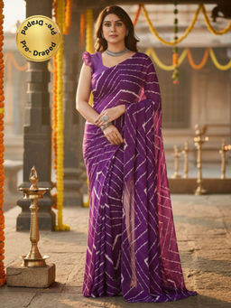 Akhilam - Georgette Printed Pre Draped Purple Saree With Unstitched Blouse