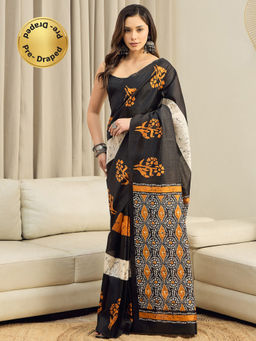 Akhilam - Bhagalpuri Silk Black Floral Printed Ready To Wear Saree with Unstitched Blouse