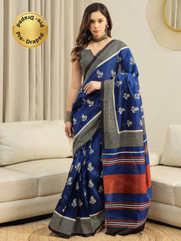 Akhilam - Bhagalpuri Silk Blue Paisley Printed Ready To Wear Saree with Unstitched Blouse