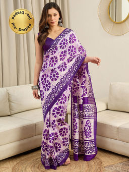 Akhilam - Bhagalpuri Silk Purple Floral Printed Ready To Wear Saree with Unstitched Blouse
