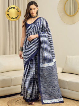 Akhilam - Bhagalpuri Silk Navy Blue Stripe Printed Ready To Wear Saree with Unstitched Blouse
