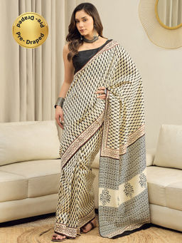 Akhilam - Bhagalpuri Silk Cream Paisley Printed Ready To Wear Saree with Unstitched Blouse