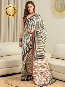 Akhilam - Bhagalpuri Silk Cream Stripe Printed Ready To Wear Saree with Unstitched Blouse