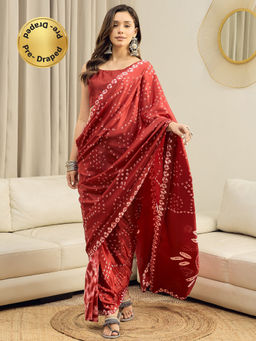 Akhilam - Crepe Red Printed Ready To Wear Saree with Unstitched Blouse