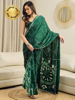 Akhilam - Crepe Green Printed Ready To Wear Saree with Unstitched Blouse