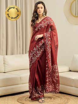 Akhilam - Cotton Slub Burgundy Floral Printed Ready To Wear Saree with Unstitched Blouse