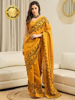Akhilam - Cotton Slub Mustard Floral Printed Ready To Wear Saree with Unstitched Blouse