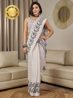 Akhilam - Cotton Slub White Floral Printed Ready To Wear Saree with Unstitched Blouse