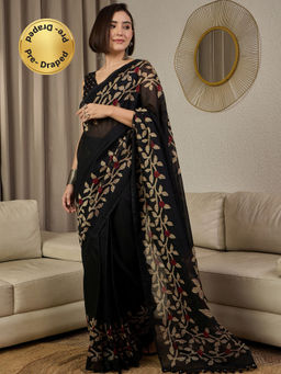 Akhilam - Cotton Slub Black Floral Printed Ready To Wear Saree with Unstitched Blouse