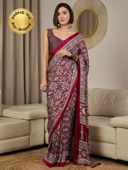Akhilam - Satin Silk Burgundy Geometric Printed Ready To Wear Saree with Unstitched Blouse