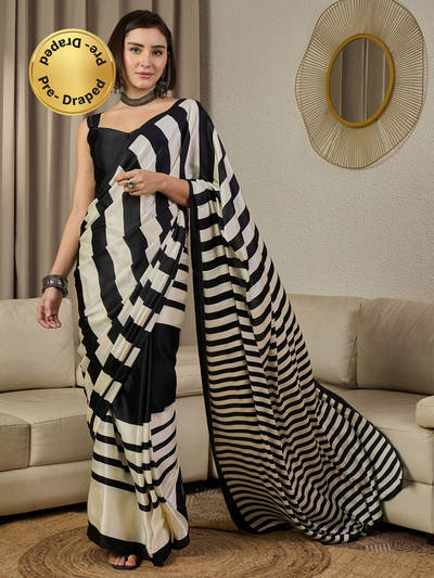 Crepe Black Stripe Printed Ready To Wear Saree with Unstitched Blouse