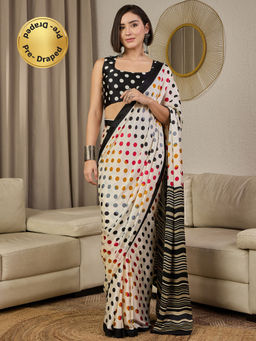 Akhilam - Satin Silk White Printed Ready To Wear Saree with Unstitched Blouse