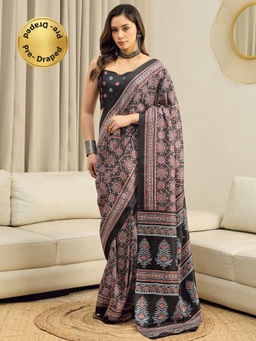 Akhilam - Dola Silk Black Printed Ready To Wear Saree with Unstitched Blouse