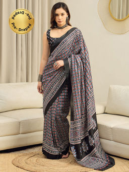Akhilam - Dola Silk Black Printed Ready To Wear Saree with Unstitched Blouse