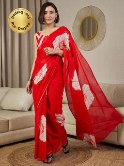 Akhilam - Cotton Red Floral Printed Ready To Wear Saree with Unstitched Blouse