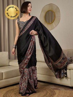 Akhilam - Crepe Black Printed Ready To Wear Saree with Unstitched Blouse