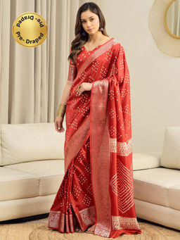 Akhilam - Silk Blend Red Woven Ready To Wear Saree with Unstitched Blouse
