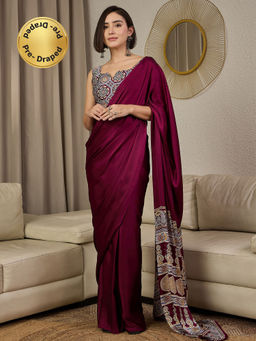 Akhilam - Satin Silk Burgundy Printed Ready To Wear Saree with Unstitched Blouse