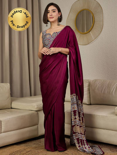 Satin Silk Burgundy Printed Ready To Wear Saree with Unstitched Blouse