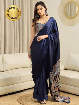 Akhilam - Satin Silk Navy Blue Printed Ready To Wear Saree with Unstitched Blouse