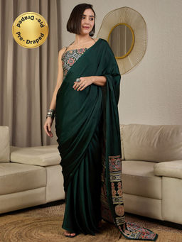 Akhilam - Satin Silk Dark Green Printed Ready To Wear Saree with Unstitched Blouse