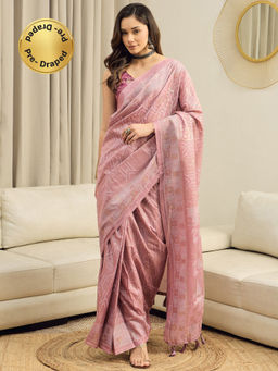Akhilam - Kota Doria Cotton Pink Printed Ready To Wear Saree with Unstitched Blouse