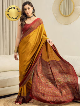Akhilam - Crepe Mustard Printed Ready To Wear Saree with Unstitched Blouse