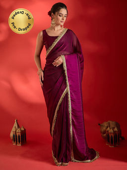 Akhilam - Women's Satin Wine Embellished Ready To Wear Aree with Blouse Piece