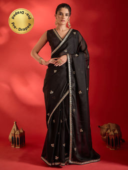 Akhilam - Women's Georgette Black Embellished Ready to Wear Party Wear Saree with Unstitched Blouse