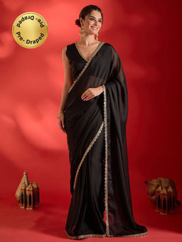 Akhilam - Pure Georgette Black Embellished Ready to Wear Party Wear Saree with Unstitched Blouse
