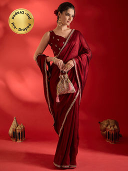 Akhilam - Vichitra Silk Maroon Embellished Ready to Wear Party Wear Saree with Unstitched Blouse
