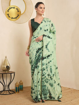 Akhilam - Women's Silk Blend Green Printed Ready to Wear Party Wear Saree with Unstitched Blouse