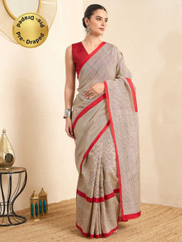 Akhilam - Women's Bhagalpuri Silk Cream Printed Ready to Wear Party Wear Saree with Unstitched Blouse