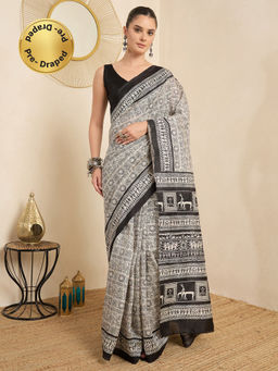 Akhilam - Women's Bhagalpuri Silk Black Printed Ready to Wear Party Wear Saree with Unstitched Blouse