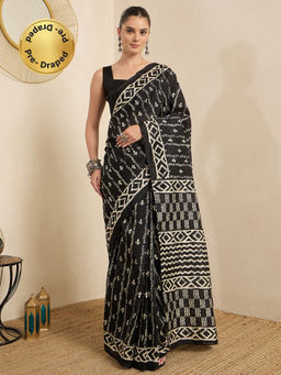 Akhilam - Women's Bhagalpuri Silk Black Printed Ready to Wear Party Wear Saree with Unstitched Blouse