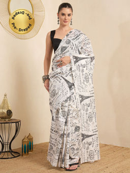 Akhilam - Women's Bhagalpuri Silk White Printed Ready to Wear Party Wear Saree with Unstitched Blouse