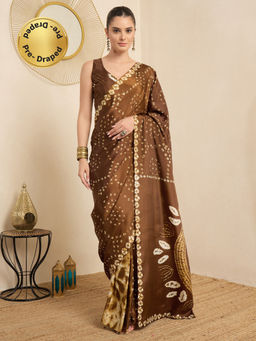 Akhilam - Women's Crepe Brown Printed Ready to Wear Party Wear Saree with Unstitched Blouse