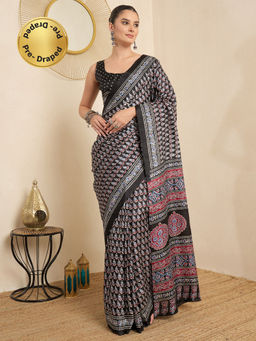 Akhilam - Women's Dola Silk Black Printed Ready to Wear Block Print Saree with Unstitched Blouse
